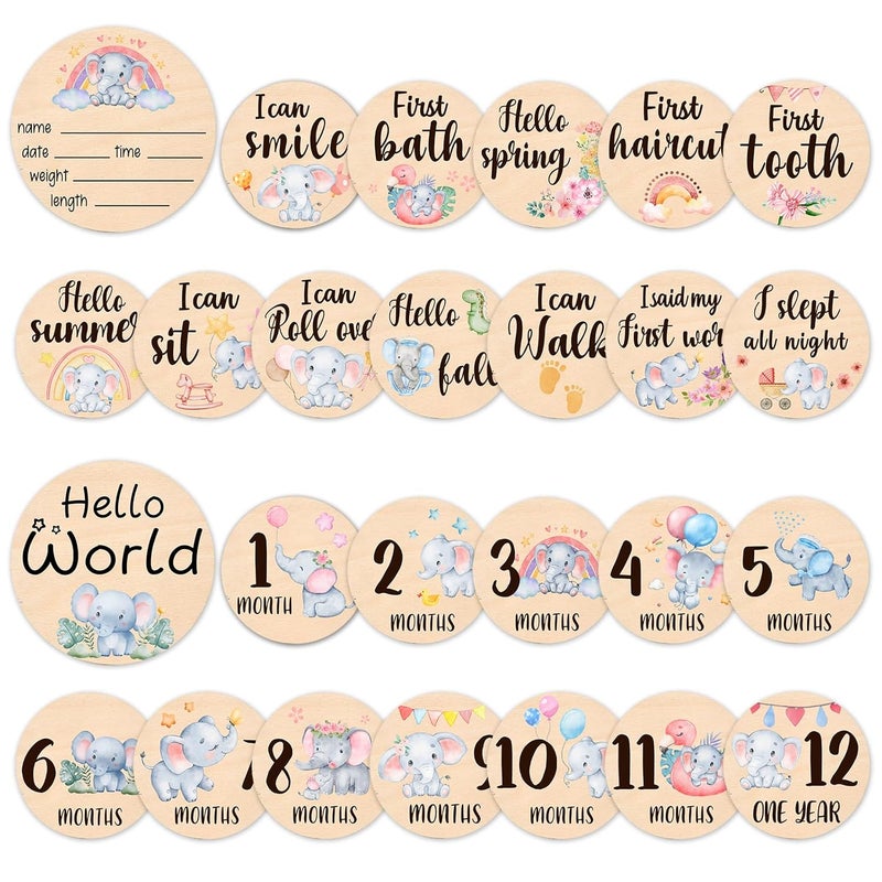 MCIAONE Baby Monthly Milestone Cards Signs - 13 Double Sided Little Elephant Milestone Cards, "Hello" Wooden Circles Discs for Photo Props Elephant Newborn Announcement Marker, Baby Shower Newborn Sign Gift - Image 1